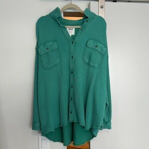 Aerie Green Button-Up Waffle Knit Top